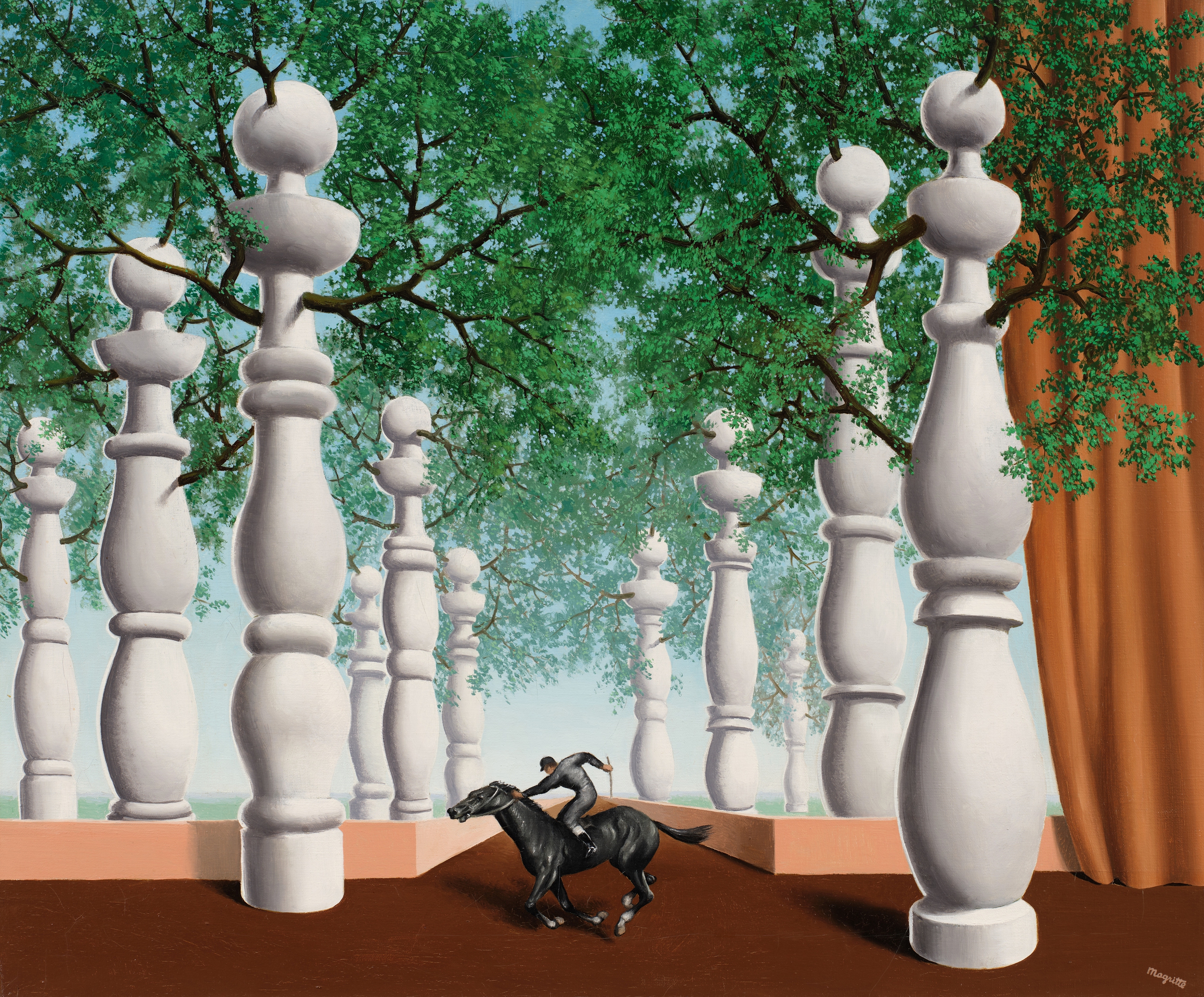 A jockey on a black horse rides among towering white balusters sprouting leafy branches, beside a theatrical curtain.
